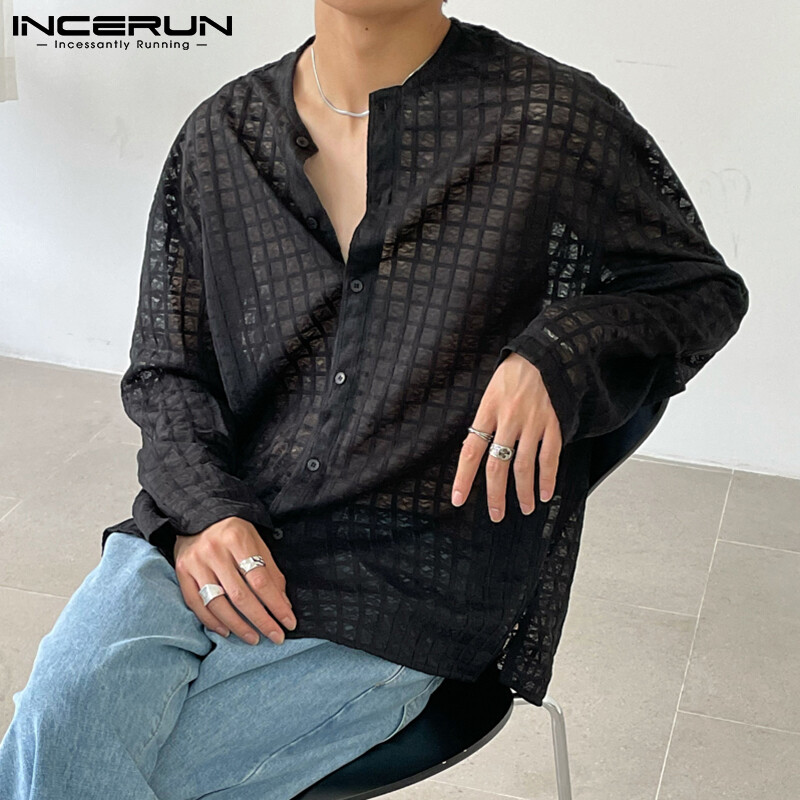 Beehoo INCERUN Men Casual Full Sleeve Shirts Collarless Check Tops See Through Button Blouses