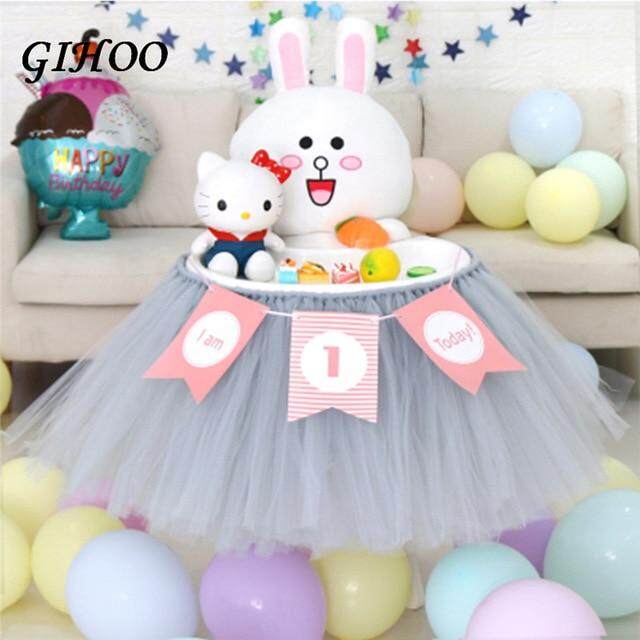 Gihoo 1M Tulle Tutu Rok Meja Kursi Tinggi Rok Anak Laki-laki Anak Perempuan Kain Taplak Meja Pancuran Bayi Ulang Tahun Dekorasi Pesta Berwarna Merah Muda Biru