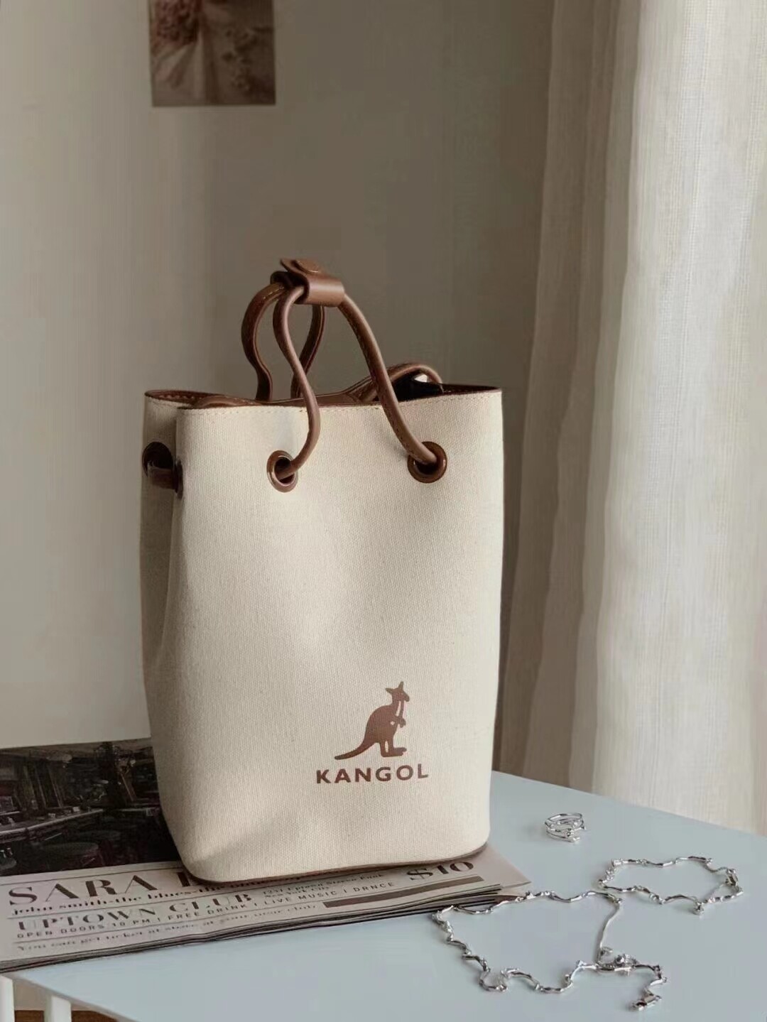 Kangol Korean Women's PU Handheld One Shoulder Leather Panel Canvas Bag Oblique Straddle Mini Bag Kangaroo Tote Bag