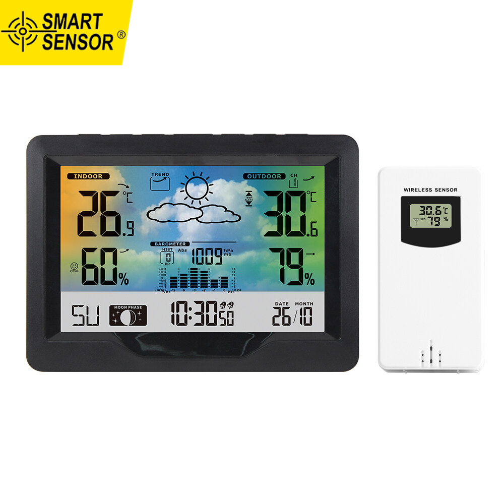 Wireless Weather Station Indoor Outdoor Color Screen Weather Forecast Station with Outdoor Sensor Digital Temperature and Humidity Gauge with Alarm Clock Moon Phase Backlight Sooze Mode