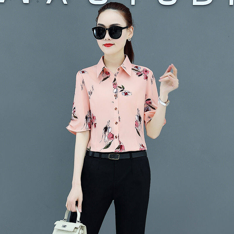 Valazo 2020 summer new printed shirt women short-sleeved Korean slim temperament all-match chiffon shirt ladies half-sleeved shirt