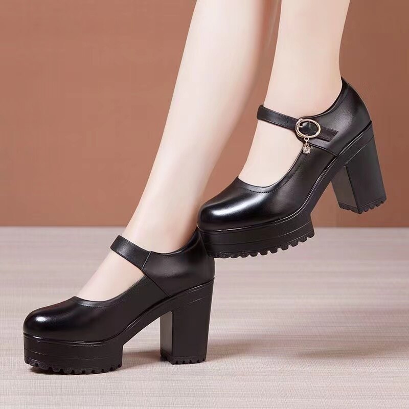 Women Korea Style Shoes Black Leather Shoes for Work Lady Shoes Women High Heels Platform Shoes Soft Dance Velcro Shoes Kasut Perempuan 2022 New