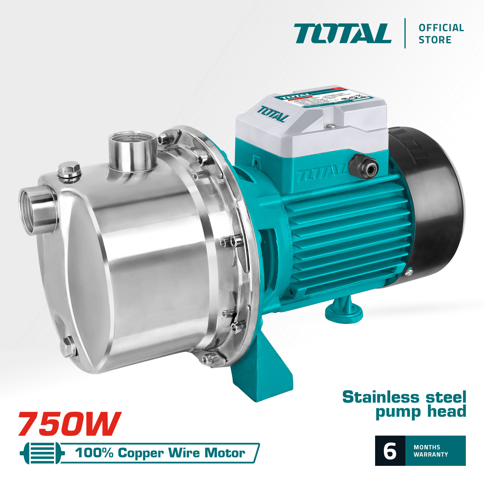 TOTAL Water Pump (750W, 1.0HP), Stainless Steel SelfPriming Jet w