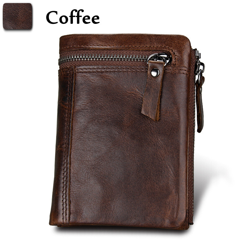 HUMERPAUL New Genuine Crazy Horse Leather Men Wallets Credit Business Card Holders Double Zipper Cowhide Leather Wallet Purse