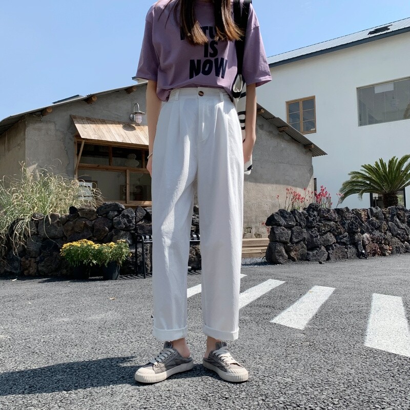 Xiaqiu Naoki Workers Pants Pants Girls Piris, Loose Body, Loose Lead Pants Nine -point Casual Radish Haron Pants