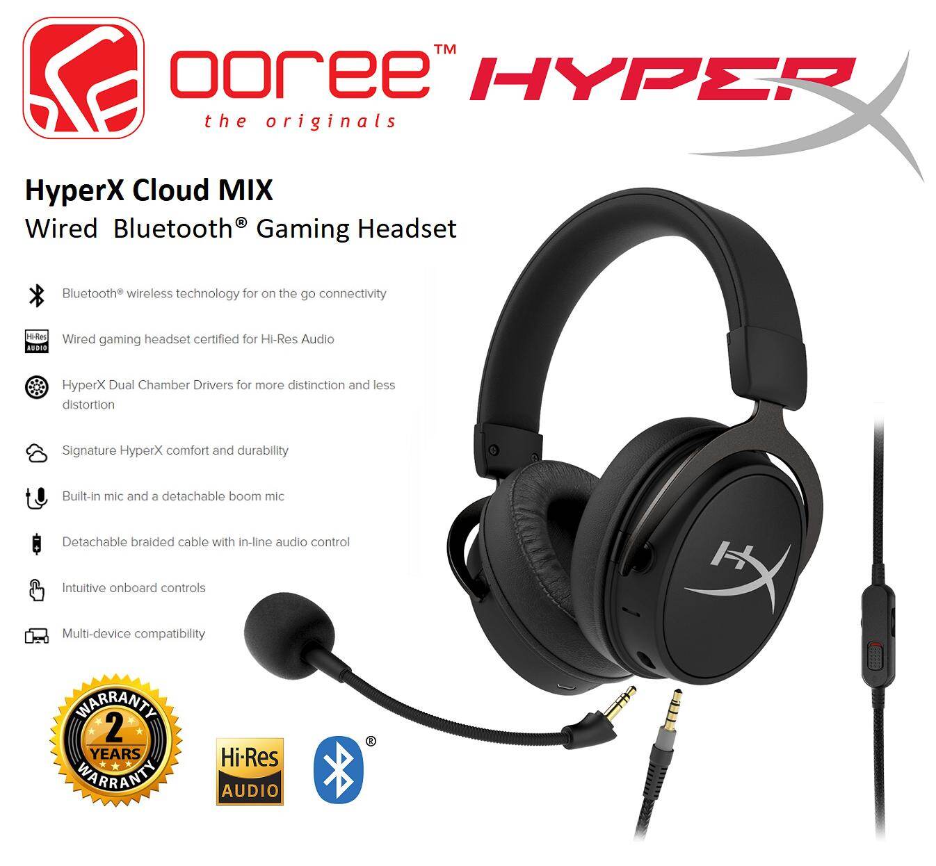 HYPER-X HYPERX CLOUD MIX WIRED BLUETOOTH GAMING HEADSET WITH BUILT IN MIC,  DETACHABLE BOOM MIC AND CERTIFIED FOR HI-RES AUDIO (HX-HSCAM-GM) | Lazada