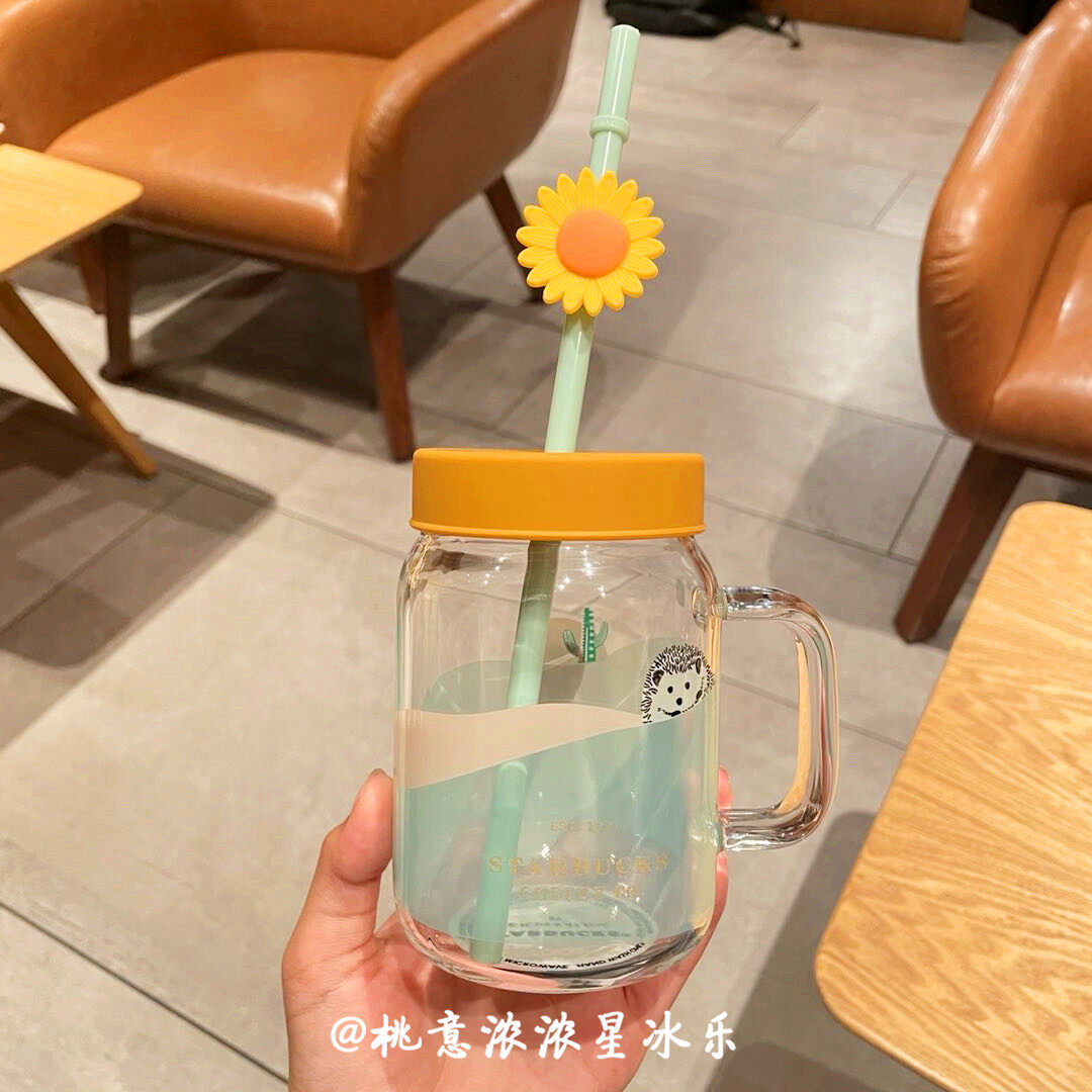 Starbuck Cup Hill Daisy Style Glass Straw Cup with Lid Desktop Cup Water Cup Small Fresh Couple Gift Cup