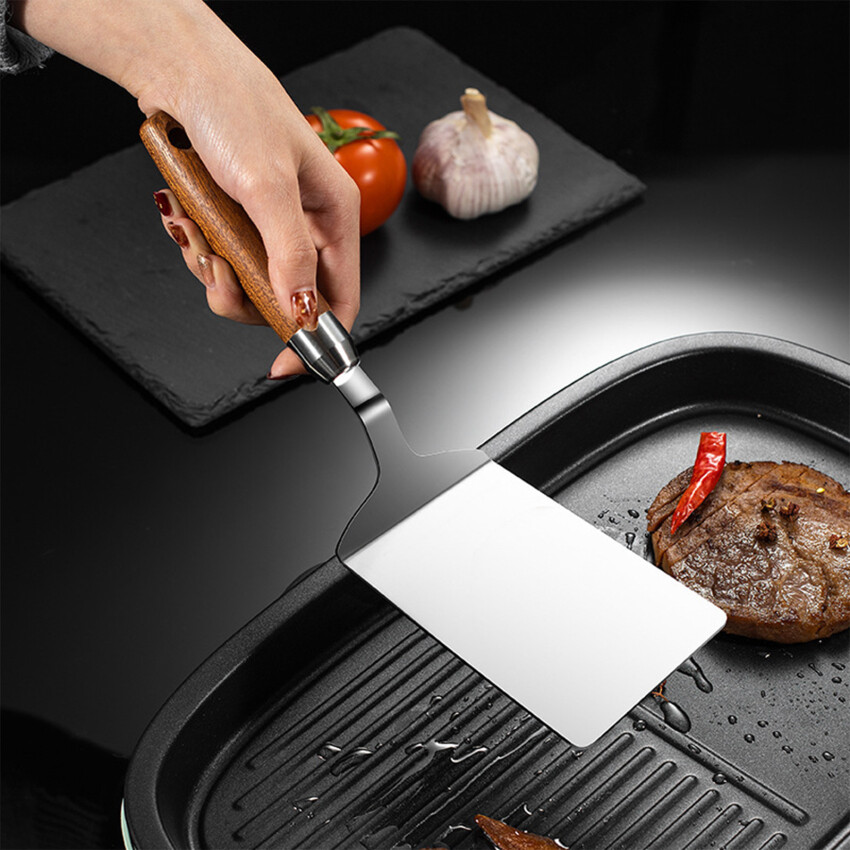 1PC Stainless Steel Steak Spatula Pancake Scraper Grill Beef Fried Pizza Shovel With Wood Handle Kitchen BBQ Tools