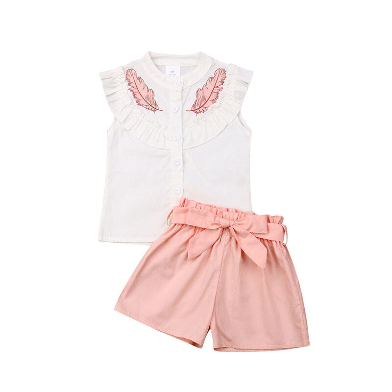 2Pcs Toddler Kid Baby Girl Summer Button Tops Shirt Short Pants Outfit Set Clothes