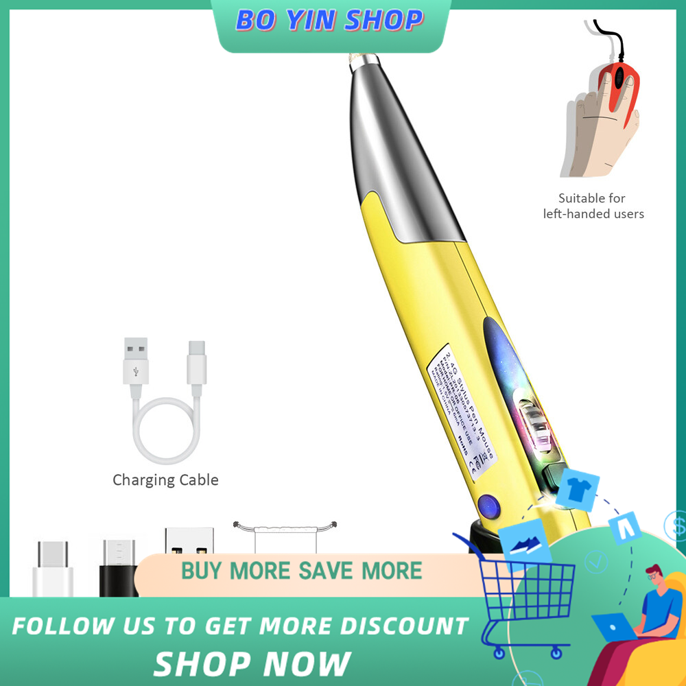 BO YIN 2.4GHz Optical Pen Mouse Left & Right Hands Rechargeable Wireless Optical Pocket Pen Mouse Wireless Dual Right Keys Yellow