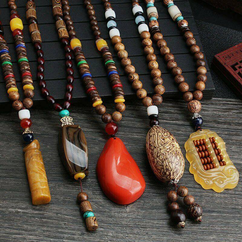 【PrettySet】Retro Bodhi Pendant Wood Bead Necklace Long Wooden Sweater Chain Cotton And Linen Pendant Women Men Jewelry Gift