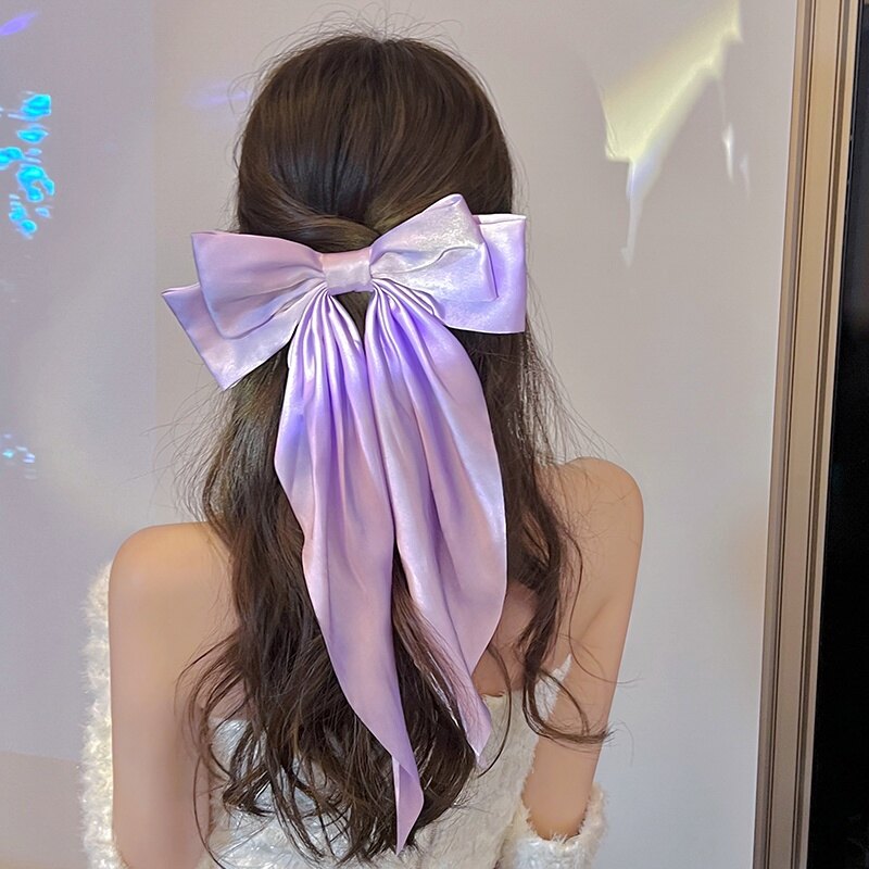 FINETOO Kẹp Tóc Lụa Màu Trơn Thanh Lịch Kẹp Tóc Nơ Dài Cho Nữ Phụ Kiện Tóc