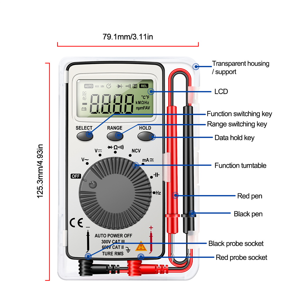 ANENG Thiết Bị Kiểm Tra Mini Đồng Hồ Vạn Năng Kỹ Thuật Số Di Động Vôn Kế Ampe Ohm Chống Cháy Có Thể Sạc Lại Tự Động Thay Đổi Phạm Vi