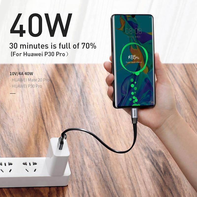 Baseus Di Động 0.23 M 40W Đèn Led Sạc USB Loại C 5A Sạc Nhanh Cho Samsung Note10 + Plus /A50/A70/S10 Xiaomi Mi9 Redmi Note7 Huawei P30/P20/Mate30 Oppo Vivo HTC Tương Thích 2A sạc Nhanh Cho USB-C Điện Thoại