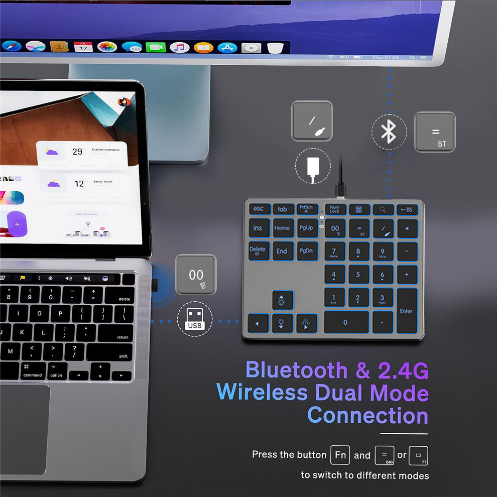 Jomaa đèn nền RGB bluetooth Bàn phím số Backlit Bàn phím số bluetooth không dây cho máy tính bảng máy tính xách tay Macbook iPad PC 34 phím có thể sạc lại số kỹ thuật số bàn phím cho kế toán IOS