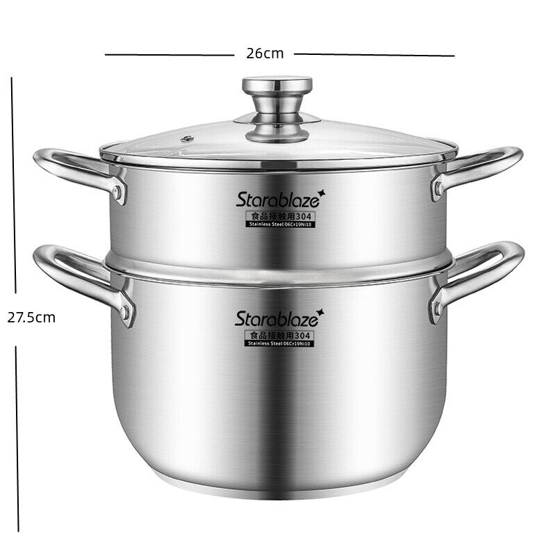 Konco 304 stainless Steel Pot 2 layers Steamer 22/26cm double boiler Korean thickened double-layer soup pot soup steamer Noodle Pot General use for Gas and Induction Cooker