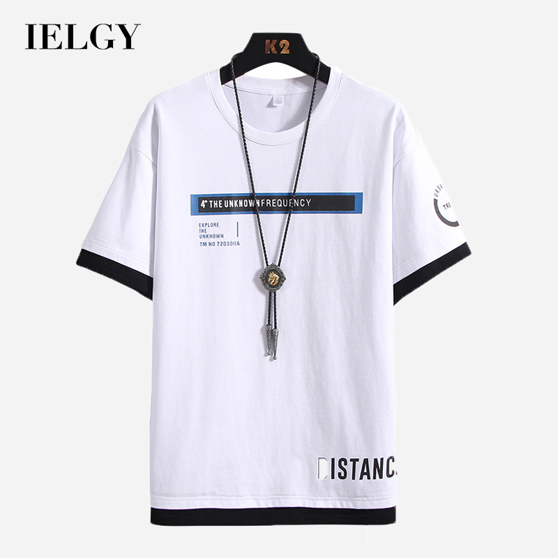 IELGY Men's short-sleeved t-shirt trendy fake two-piece half-sleeved new summer youth loose clothes tide