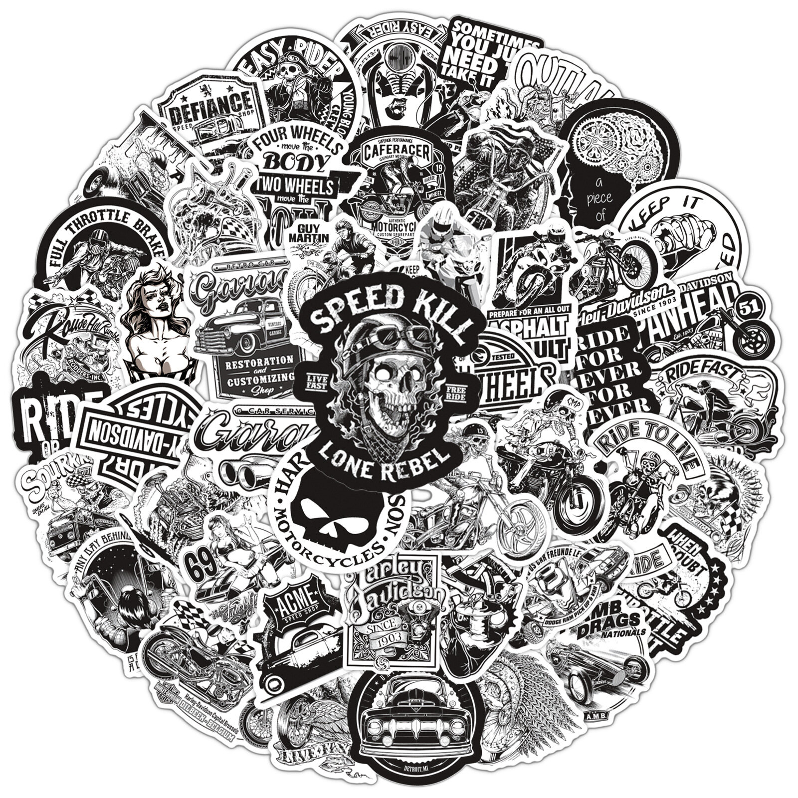 TM 50pcs/set Cool Black and White Pattern PVC Waterproof Graffiti Sticker for Laptop Water Cup Helmet Guitar Skateboard Decoration