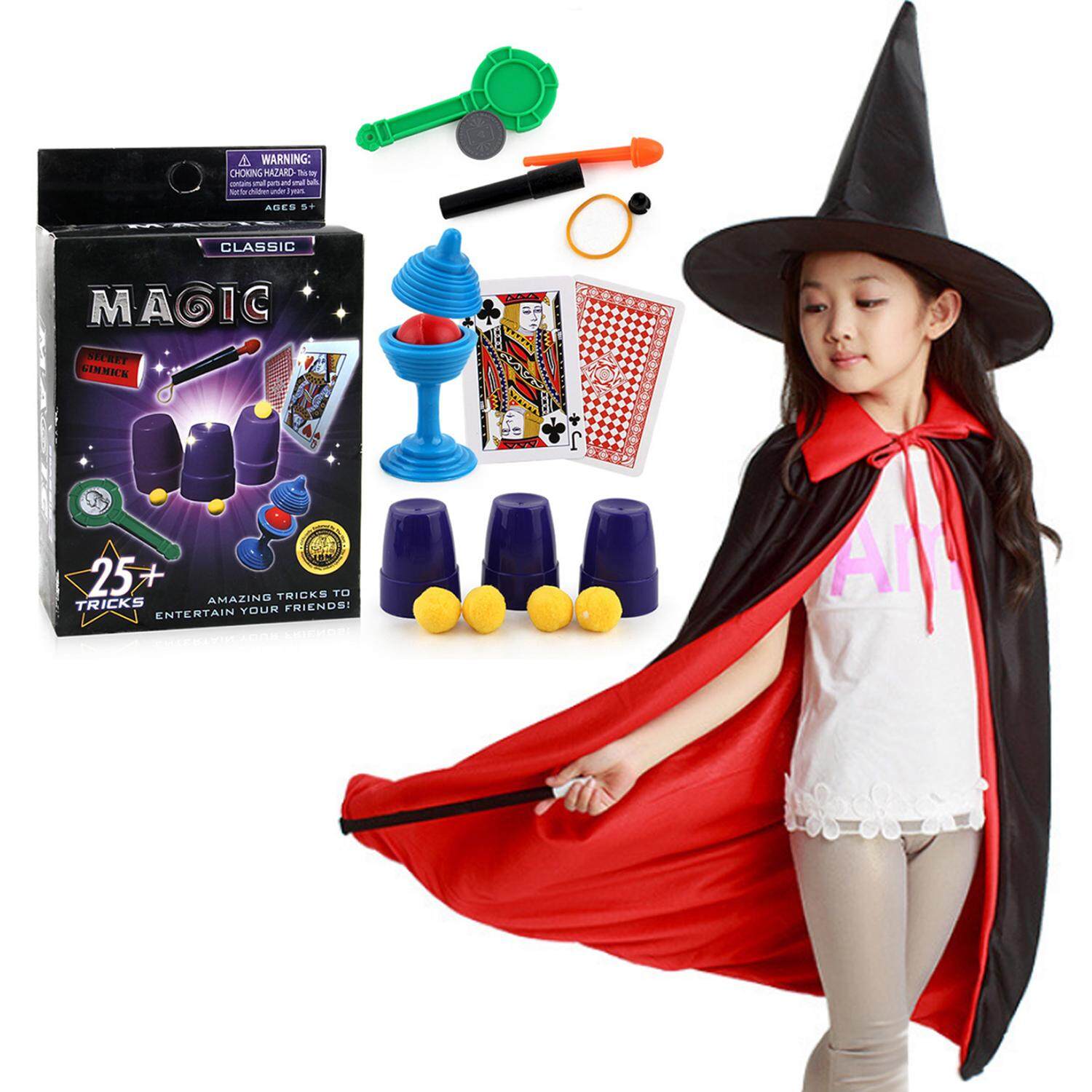 3PCS Funny Magician Role Playing Costume with Hat Cloak Wand + 1 Set Magic Props for Kids Children Halloween School Opens Party Gifts