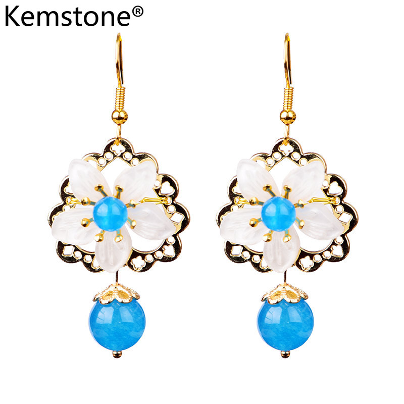 Kemstone Female Clip Earrings Blue Flowers Drop Clip Earrings for Women's Jewelry