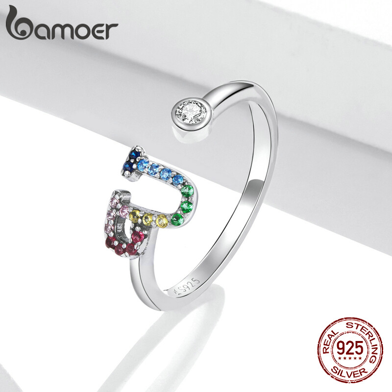 BAMOER 925 Sterling Silver Stackable Initial Letter Rings for Women Capital Letter Adjustable Ring Size 6-8 Jewelry SCR723