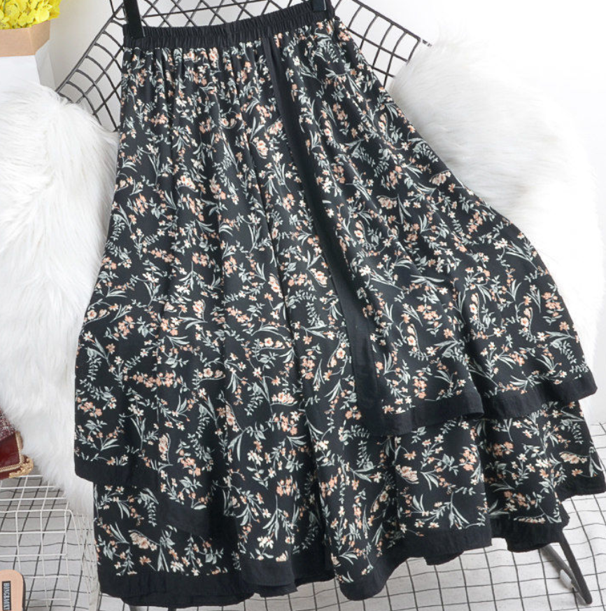CottonDesign New Retro Floral Skirt High Waisted A-Line Large Swing Fake Two- Piece Stitching Mid-Length Skirt Spring Autumn Women 3BD0137