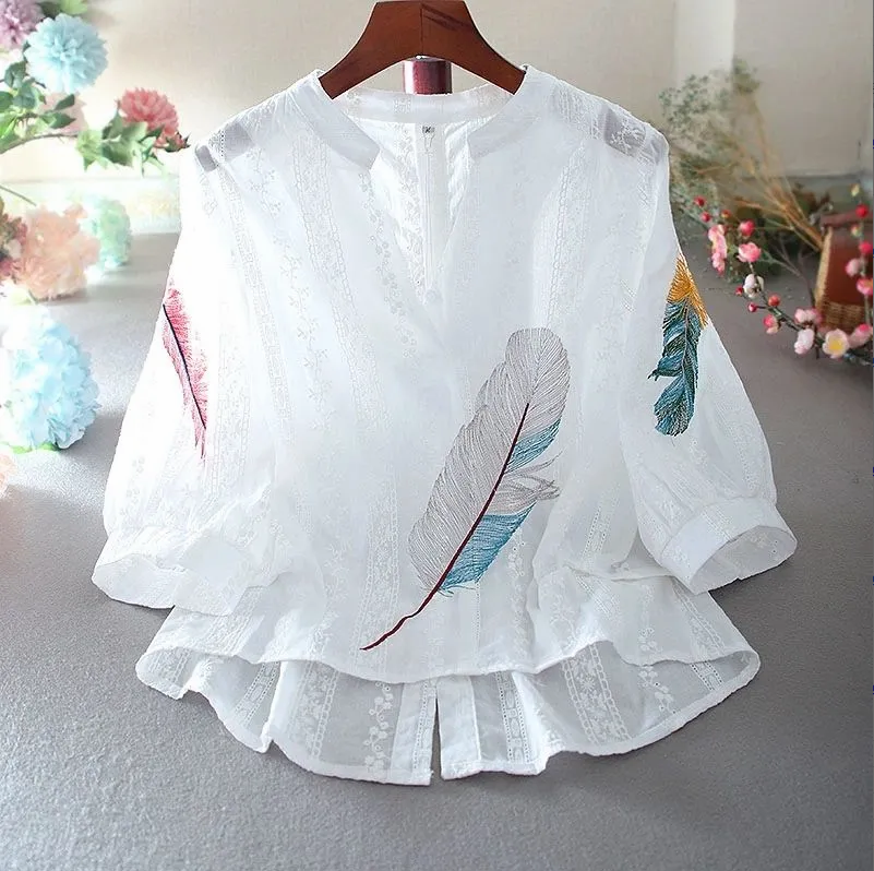 HOLIDAYLIFE Cotton Lace Blouses Loose Summer Top Women Shirt Embroidery Flowery V-neck Lantern Sleeve Shirt Temperament Female Thin Shirt Oversized 1CT236