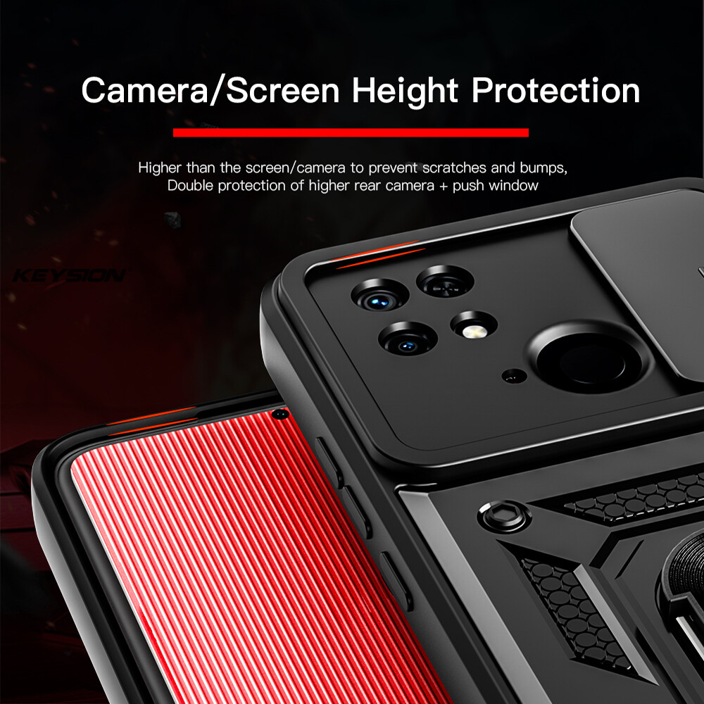 KEYSION Ốp Chống Sốc Cho Xiaomi Redmi 10C Vòng Bảo Vệ Máy Ảnh Kéo Đẩy Ốp Lưng Điện Thoại Giá Đỡ Cho Redmi 10A