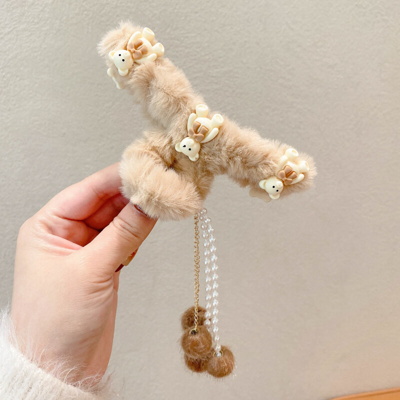 Korean Bowknot Plush Tassel Hairpin Velvet Grabbing Clip Headdress Women