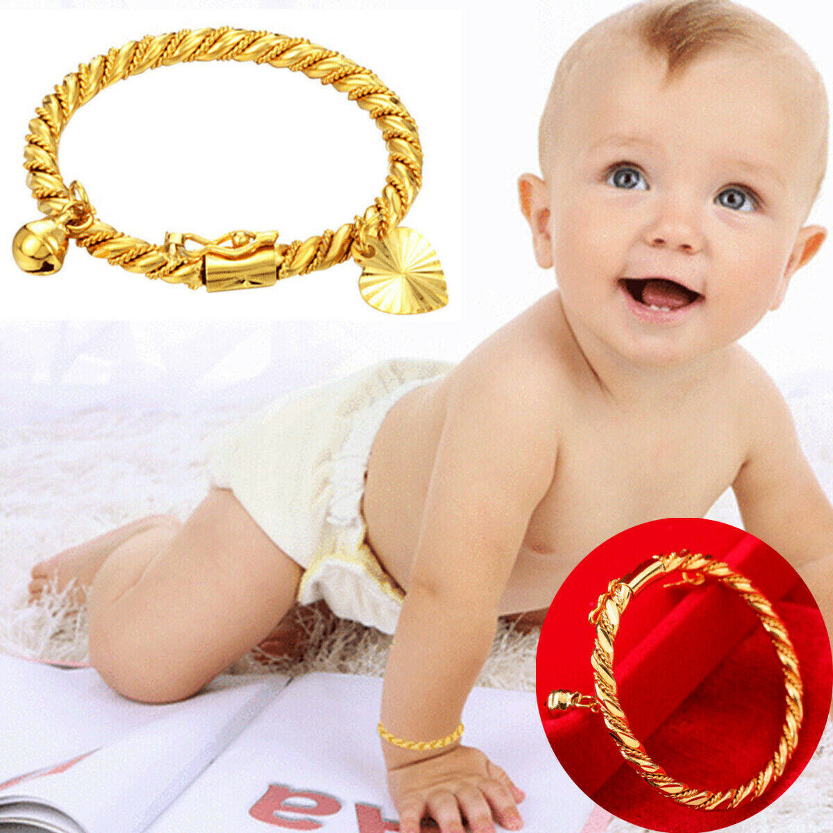 Baby Girl Boy Bangles Bracelet Gold Color Bells Pendant Children Jewelry  Anklet Bangles Newborn Baby Cute Cuff Bracelets Metal color Gold-color