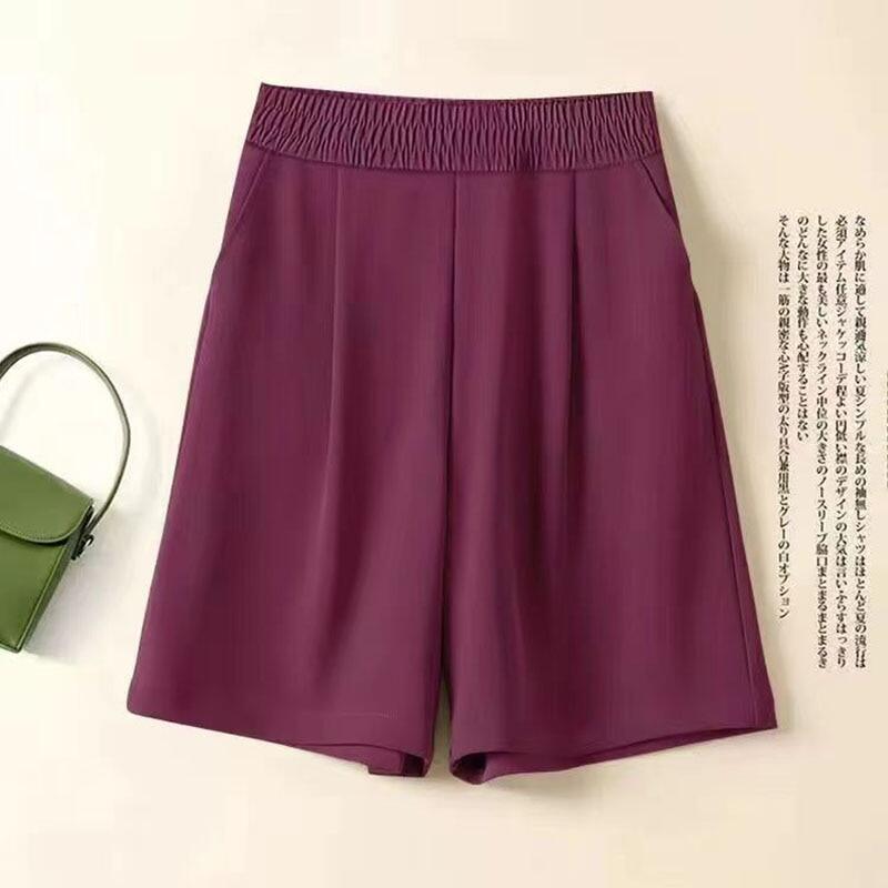 Summer Ice Silk Shorts For Woman Oversized Solid Elastic Waist Casual Lady Wide Leg Shorts 6172