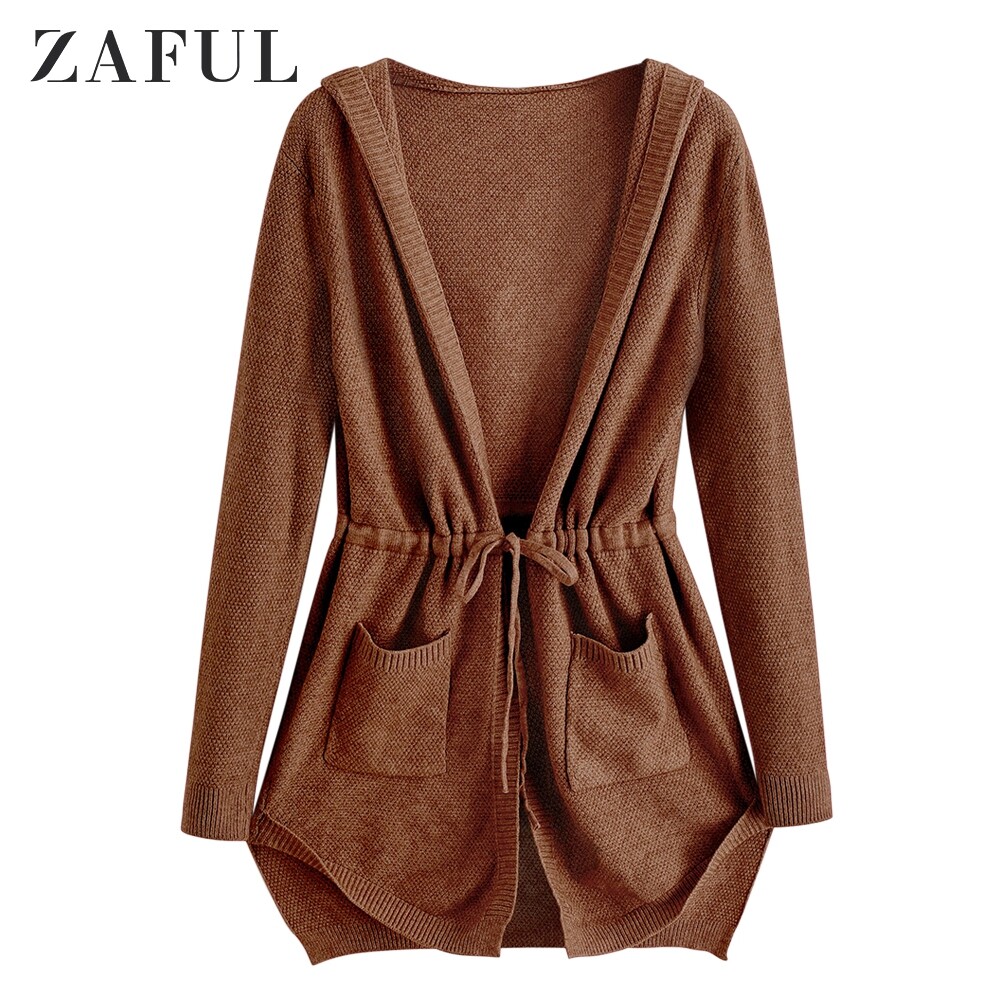 dual pocket drawstring waist hooded cardigan