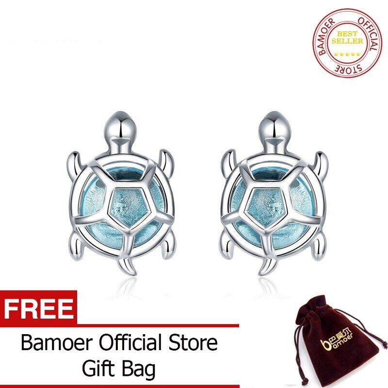 Bamoer ocean blue turtles stud earrings for women 925 sterling silver glass and cz studs jewelry girl birthday gifts bse406