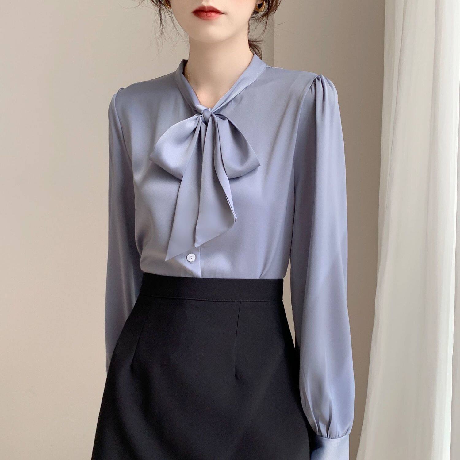 Bowknot Shirt Women's Long-sleeved Chiffon Tops