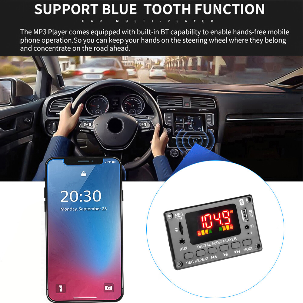 Bluetooth 5.0 MP3 Decoder Board 12V DC FM TF USB AUX Handsfree Call And Record Recording Function Decoding Board Module