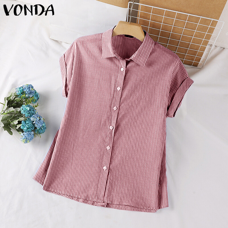 VONDA Women's Business Leisure Stripe Printed Shirts Office Work Turn-Down-Collar Tops #2