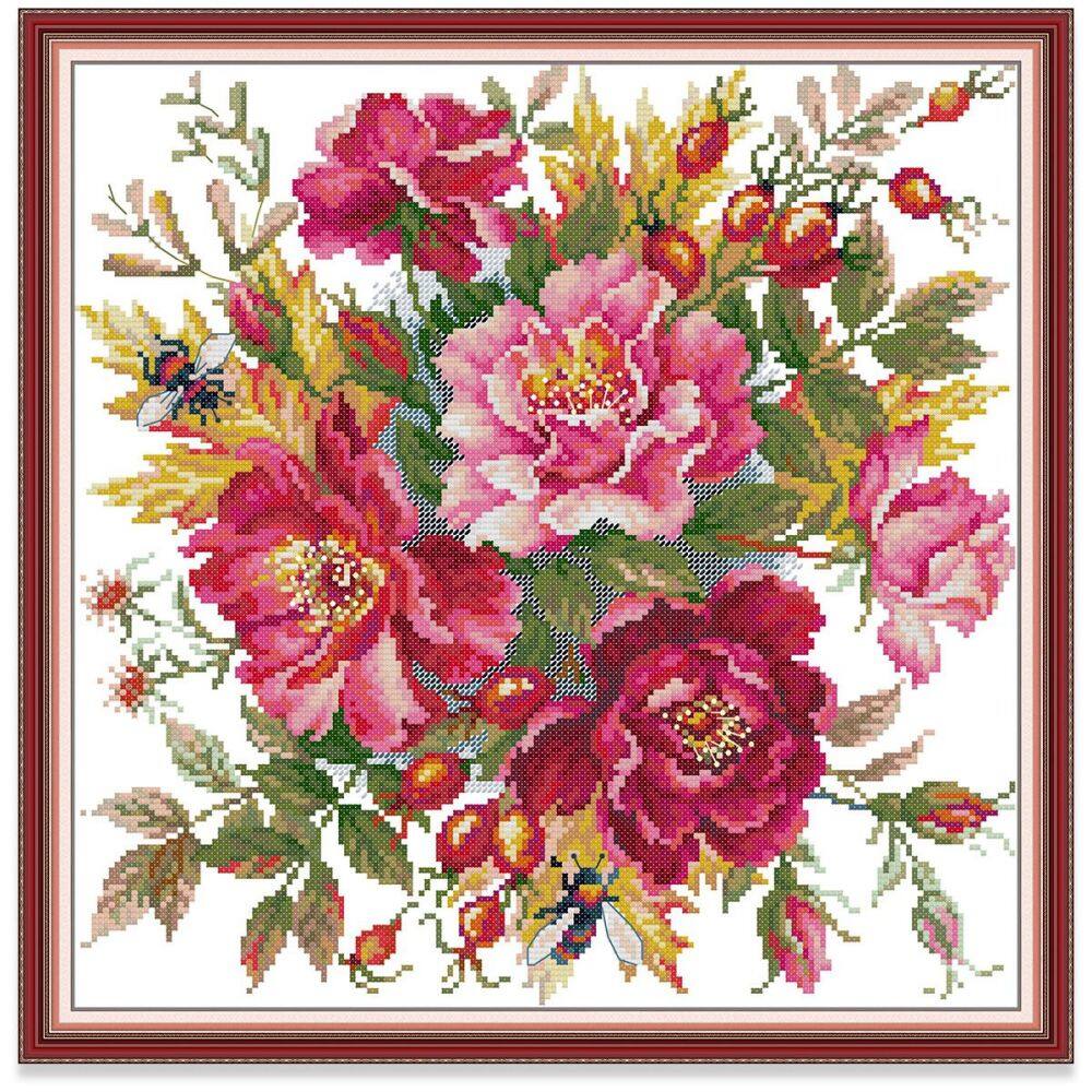 Cross Stitch Set Kit with Peony Flower Pattern Unprinted/Printed Counted/Stamped Fabric 14/11CT