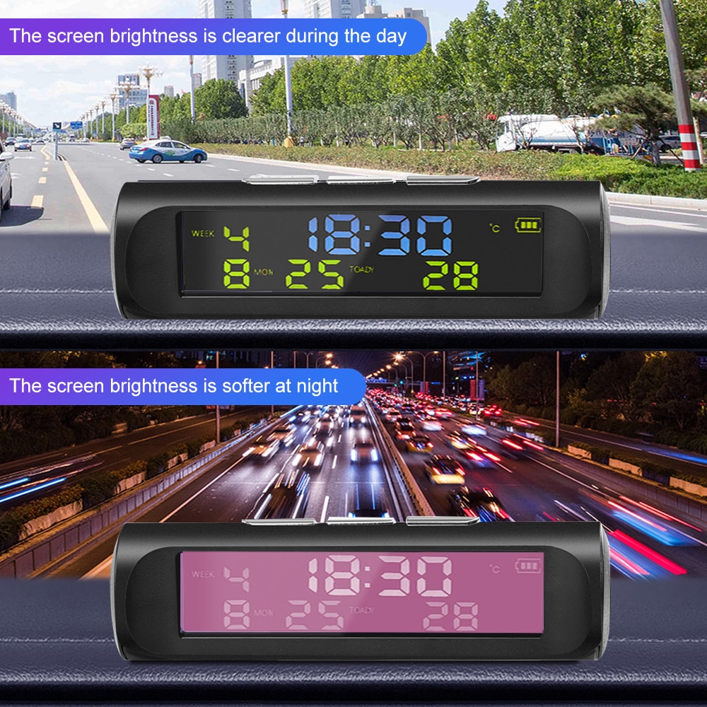 Car Digital Solar Clock Dashboard With Lcd Time Date In-Car Temperature Display For Outdoor Personal Car Part Decoration