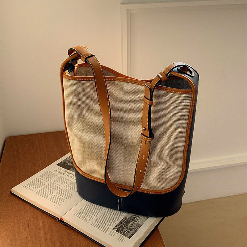 IELGY Contrasting Color Canvas Bucket Bag Women's Large Capacity Shoulder Bag Messenger Bag