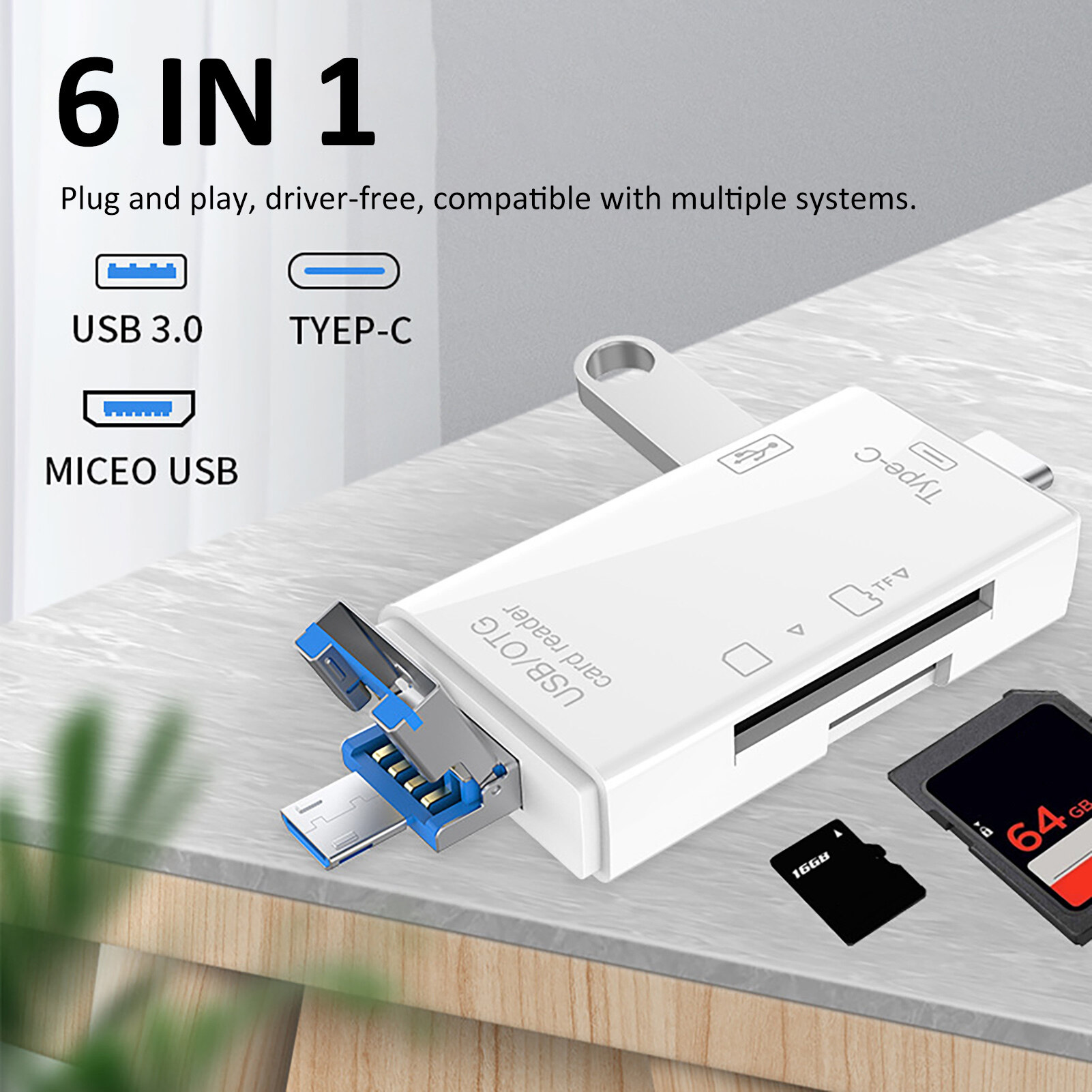 Valeriee 6-in-1 Multifunctional USB 3.0 Card Reader Mini Type-C TF-SD Card Reader OTG Adapter for Mobile Phone USB Card Reader