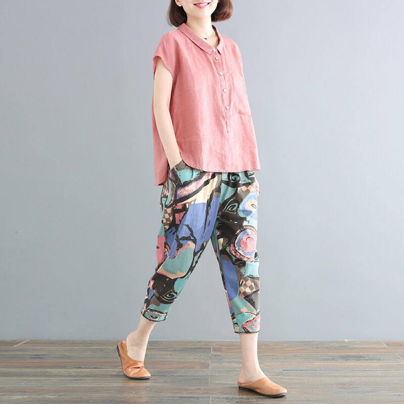 Summer Suit plus Size Loose Two-Piece Suit Printed Cropped Pants Set