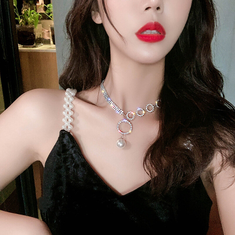 Frascati Geometric Circle Rhinestone Choker Necklaces for Women Clavicle Chain Pearl Pendant Necklaces Weddings Jewelry Party Gifts