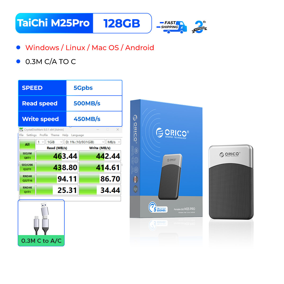 ORICO 500MB/S USB 3.2 Gen2 PSSD Solid State Drive 1TB/2TB/4TB