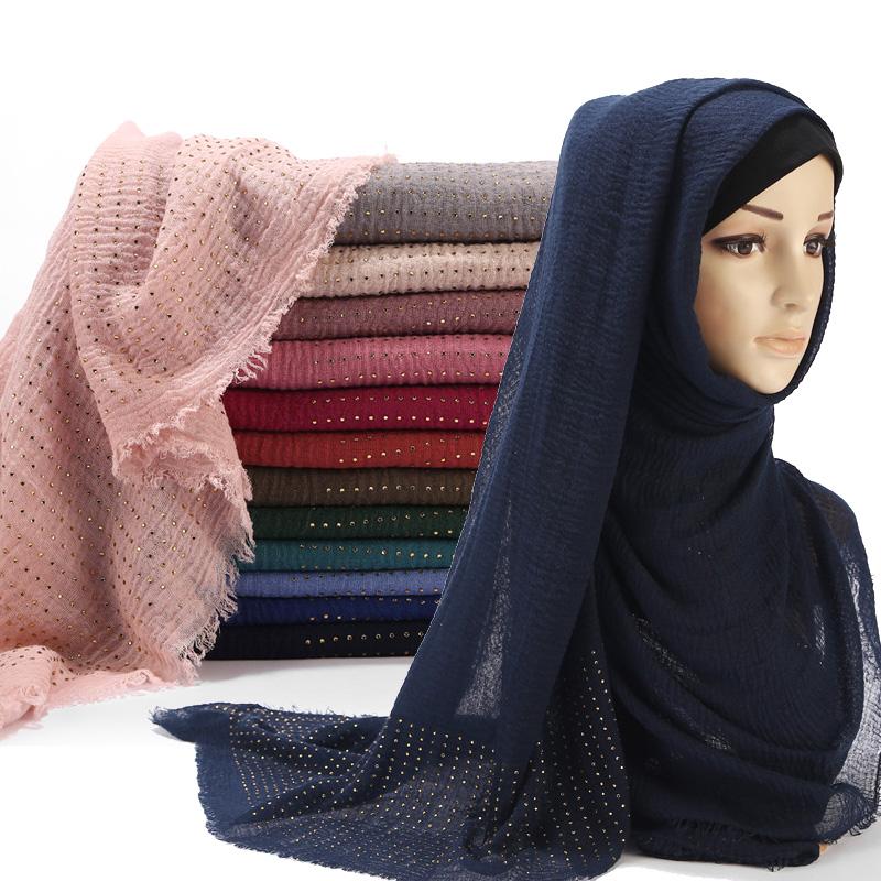 Jifang 180x90cm Crimp Crinkle Muslim Hijabs Shawls Women Pleated Cotton Scarf Bling Rhinestone Long Shawl Head Wraps Pashmina Scarves WJ363