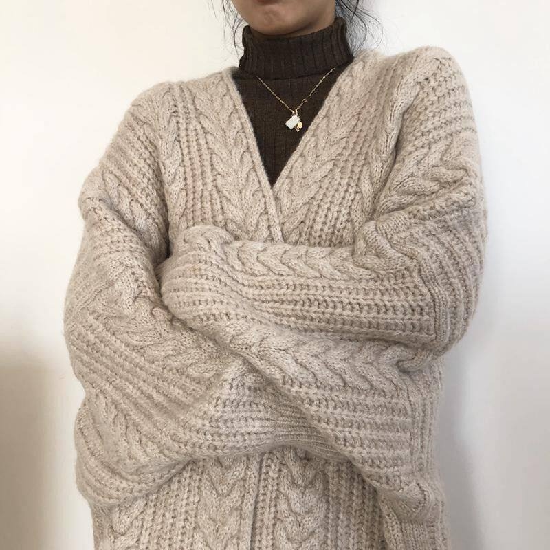 Women's Sweater Coat Autumn and Winter New Mid-length Knitted Cardigan Retro Simple Fashion Loose Twist Mid-length Women's Sweater Coat Large Size
