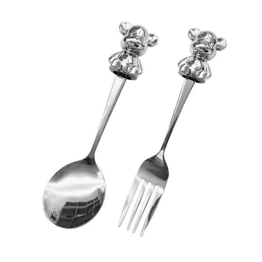 【Ready Stock】Cartoon Bear Fork Spoon Set Stainless Steel Fruit Fork Watermelon Spoon Tableware