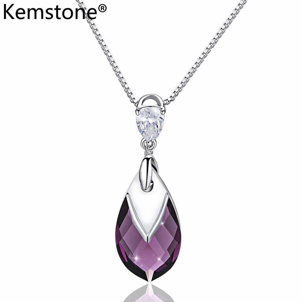Kemstone Elegant Purple Teardrop Crystal Silver Plated Pendant Necklace for Women