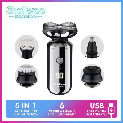[Gift for men] Shallwee Multi-function 5 in 1 Intelligent Floating Electric Shaver 5 Head Cutter Water washing Razor Shave Hair Trimmer Facial Massager Exfoliating Cleaning Brush Nose Hair Trimmer LK-6850