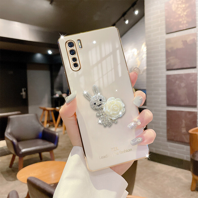 Ốp Cho OPPO A91 Reno 3, Ốp Điện Thoại Mềm Mạ Cạnh Thẳng Hoa Hình Thỏ Giả Kim Cương Giả 3D Siêu Mỏng Ốp Lưng Silicon Siêu Mỏng Bảo Vệ Chống Sốc