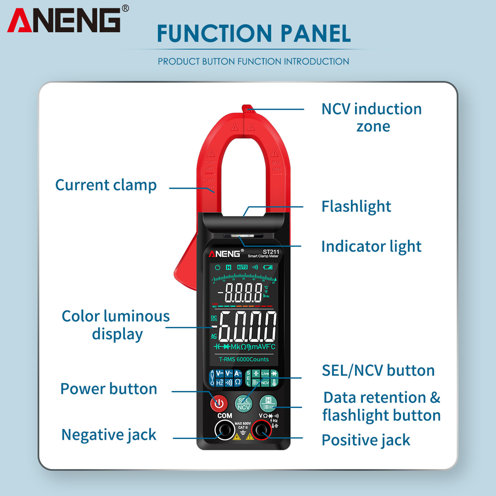 ANENG ST211 6000 Counts Digital AC Current Clamp Meter 400A Automatic Range Multimeter with Backlight Voltage Meter Clamp Gauge NCV Test Clamp Ammeter Universal Meter Tester